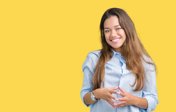 Jovem Mulher Negócios Bonita Morena Sobre Fundo Isolado Mãos Juntas — Fotografia de Stock