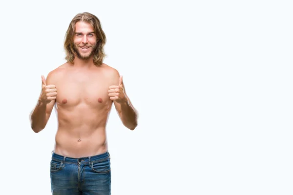 Młody Przystojny Mężczyzna Shirtless Długimi Włosami Wyświetlono Sexy Ciało Nad — Zdjęcie stockowe