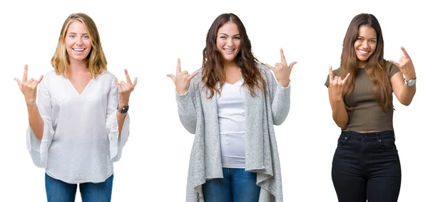 Colagem Grupo Três Mulheres Bonitas Jovens Sobre Fundo Isolado Branco — Fotografia de Stock