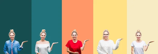 Collage Van Jonge Mooie Blonde Vrouw Geïsoleerde Achtergrond Levendige Kleurrijke — Stockfoto