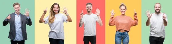 群体的人 妇女和男子在五颜六色的孤立背景显示和指向用手指数字六 同时微笑着自信和快乐 — 图库照片