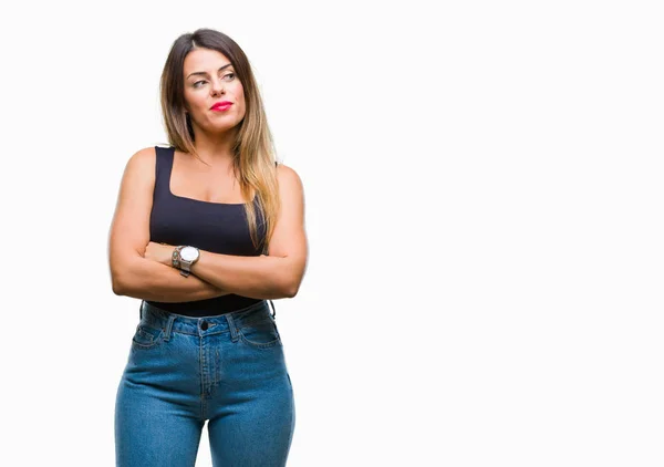 Joven Hermosa Mujer Sobre Fondo Aislado Sonriendo Mirando Lado Mirando — Foto de Stock