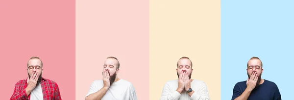 Colagem Jovem Com Barba Sobre Listras Coloridas Isolado Fundo Entediado — Fotografia de Stock