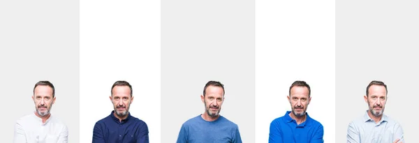 中年年配の白髪男性の顔に真剣な表情で孤立した背景の上のコラージュ シンプルで自然なカメラを見てください — ストック写真
