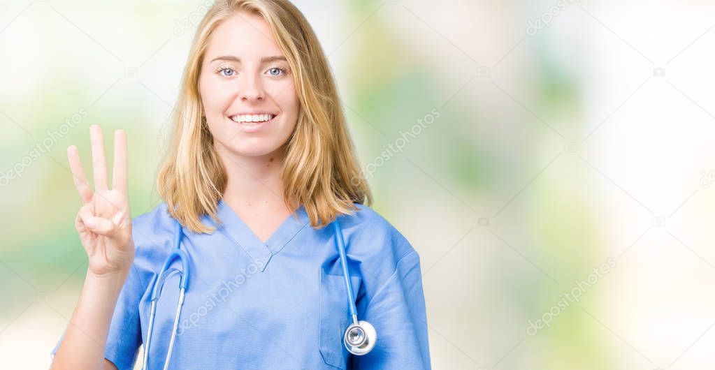 Beautiful young doctor woman wearing medical uniform over isolated background showing and pointing up with fingers number three while smiling confident and happy.