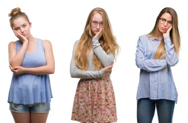 Seyir yorgun ve bıkkın ile depresyon sorun Çapraz kollar ile izole arka plan düşünme üzerinde sarışın kadın grubu kolaj.