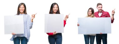 Çin ve afiş izole arka plan üzerinde çok mutlu el ve parmak ile tarafına işaret tutan hispanish kişi kolaj