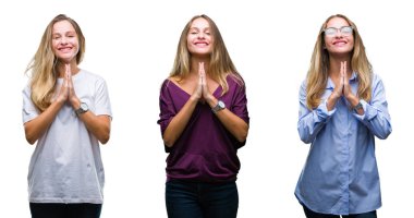 Genç güzel sarışın kadının birlikte emin gülümseyen bağışlanmak ellerle dua izole arka plan üzerine kolaj.