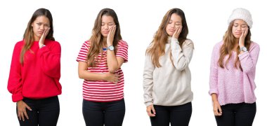 Güzel genç kadın yüzünden izole arka plan düşünme seyir yorgun ve bıkkın ile depresyon sorun Çapraz kollar ile kolaj.