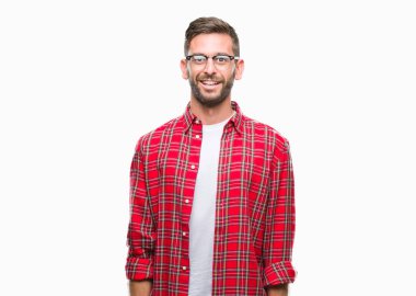 Yakışıklı delikanlı yüzünde mutlu ve güzel bir gülümseme ile izole arka plan üzerinde. Şanslı kişi.