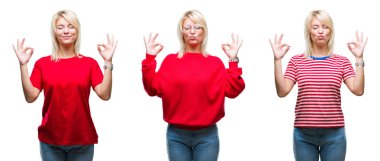 İzole arka plan üzerinde rahat kırmızı giyen güzel sarışın kadın kolaj rahatla ve gülümseyen gözlerle kapalı parmak jestle meditasyon yapıyor. Yoga kavramı.