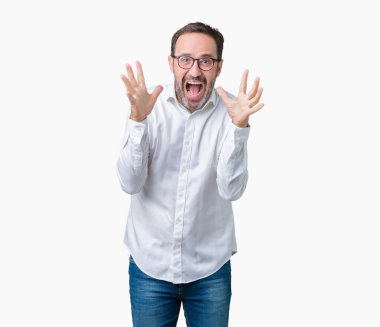 Üzerinde gözlük takan yakışıklı orta yaş zarif üst düzey iş adamı deli kutluyor arka plan izole ve başarı için kaldırdı kollarını açarak hayrete ve heyecanlı çığlık gözleri açık. Kazanan kavramı