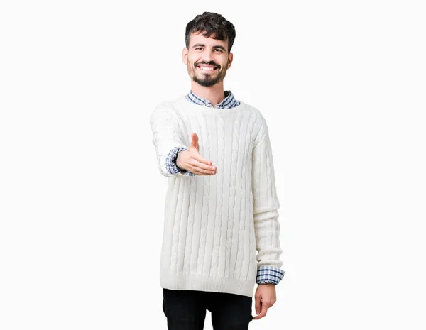 Joven Hombre Guapo Con Suéter Invierno Sobre Fondo Aislado Sonriendo —  Fotos de Stock