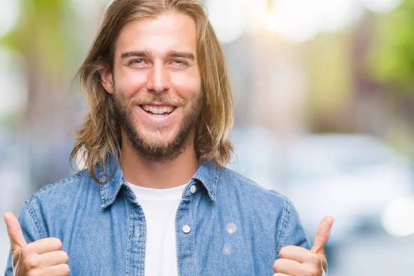 Young Handsome Man Long Hair Isolated Background Success Sign Doing — Stock Photo, Image