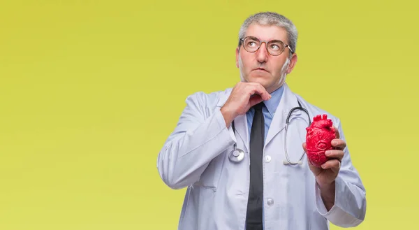 Przystojny Senior Kardiolog Lekarz Mężczyzna Trzymając Serca Białym Tle Poważne — Zdjęcie stockowe