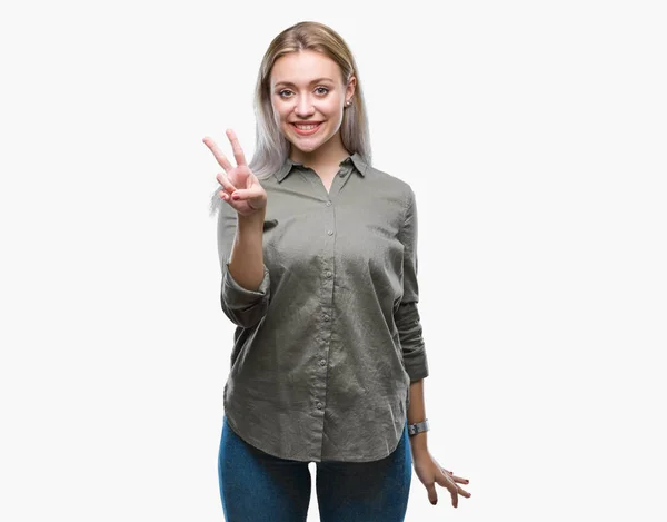 Joven Mujer Negocios Rubia Sobre Fondo Aislado Sonriendo Con Cara — Foto de Stock