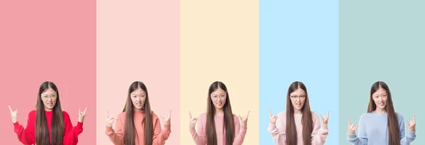 Collage Hermosa Mujer Asiática Sobre Rayas Colores Fondo Aislado Gritando —  Fotos de Stock