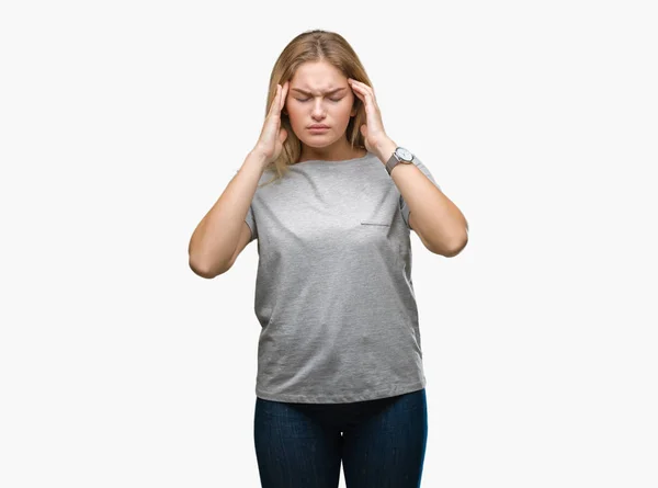 年轻的白种女人在孤立的背景与手头部疼痛头部因为压力 患偏头痛 — 图库照片
