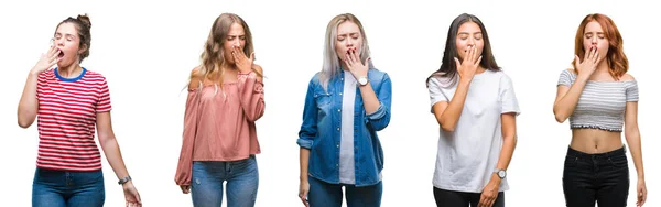 Collage Unga Vackra Grop Kvinnor Över Isolerade Bakgrund Uttråkad Gäspningar — Stockfoto