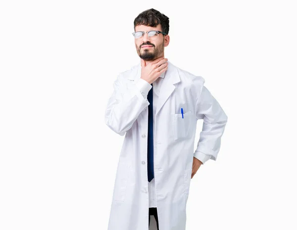 Young Professional Scientist Man Wearing White Coat Isolated Background Touching — Stock Photo, Image