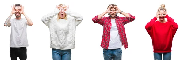 Collage Grupo Jóvenes Sobre Fondo Blanco Aislado Haciendo Buen Gesto — Foto de Stock