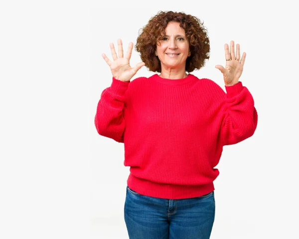 Beautiful Middle Ager Senior Woman Red Winter Sweater Isolated Background — Stock Photo, Image