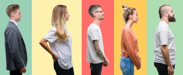 Collage Persone Gruppo Donne Uomini Sfondo Colorato Isolato Cercando Lato — Foto Stock