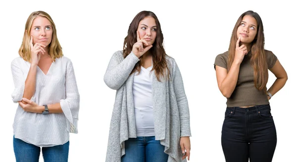 Collage Grupp Tre Unga Vackra Kvinnor Över Vita Isolerade Bakgrund — Stockfoto