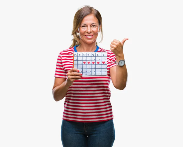 Medelåldern Senior Spansktalande Kvinna Som Håller Menstruation Kalender Över Isolerade — Stockfoto