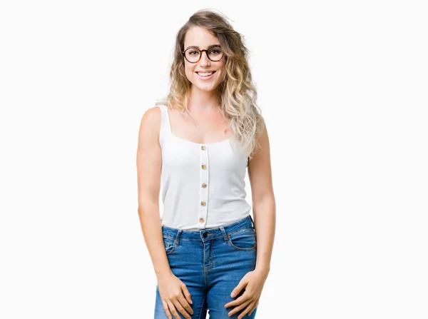 Vacker Ung Blond Kvinna Bär Glasögon Över Isolerade Bakgrund Med — Stockfoto