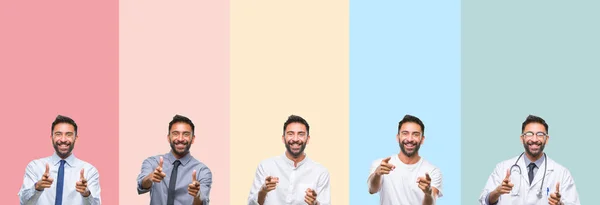 Colagem Homem Bonito Sobre Listras Coloridas Fundo Isolado Apontando Dedos — Fotografia de Stock