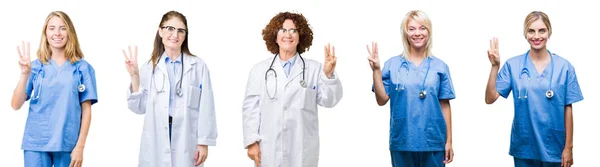 白い分離背景表示と指で上向きに専門の医者の女性のグループのコラージュ番号自信を持って 幸せな笑みを浮かべている間 — ストック写真