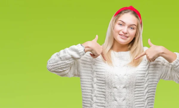 Mulher Branca Jovem Vestindo Camisola Inverno Sobre Fundo Isolado Olhando — Fotografia de Stock