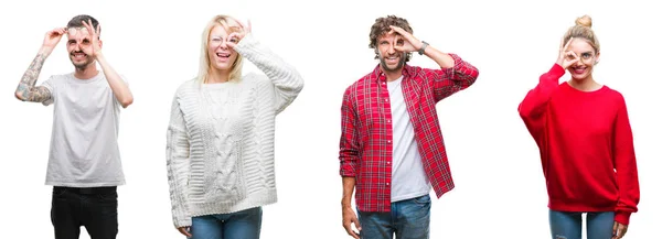 Collage Grupo Jóvenes Sobre Fondo Blanco Aislado Haciendo Buen Gesto — Foto de Stock