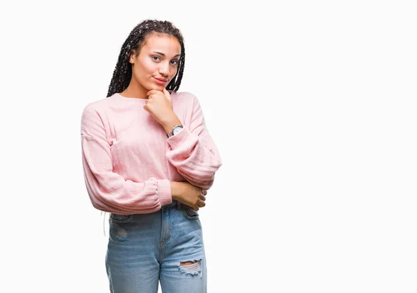 Jovem Trançado Cabelo Afro Americano Menina Vestindo Suéter Sobre Fundo — Fotografia de Stock