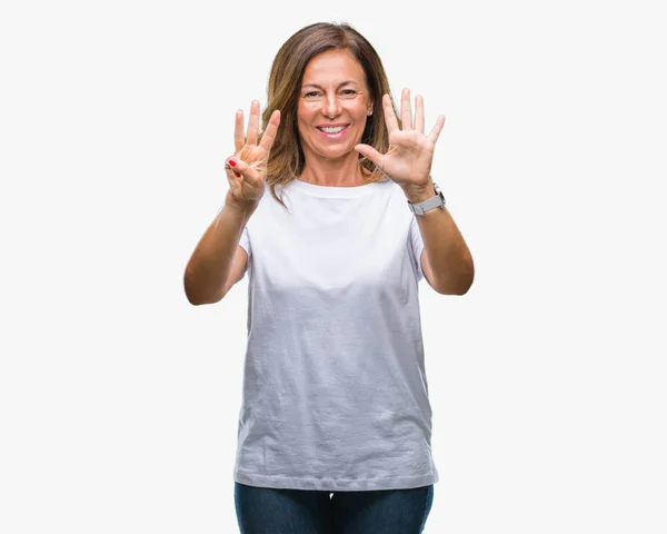 Middelbare Leeftijd Senior Latino Vrouw Geïsoleerde Achtergrond Weergeven Met Vingers — Stockfoto