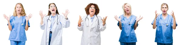 分離白地クレイジーと怒って叫んでと積極的な表現と腕を上げると叫んで以上専門の医者の女性のグループのコラージュ 欲求不満のコンセプト — ストック写真