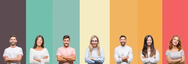 Collage Van Verschillende Etniciteit Jongeren Kleurrijke Strepen Geïsoleerde Achtergrond Blij — Stockfoto