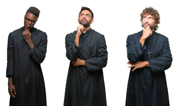 Collage Hombres Sacerdotes Cristianos Sobre Fondo Aislado Con Mano Barbilla —  Fotos de Stock