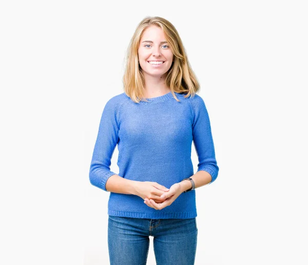 Mulher Bonita Vestindo Camisola Azul Sobre Fundo Isolado Mãos Juntas — Fotografia de Stock