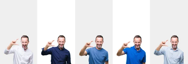 中年年配の白髪男性分離背景笑顔と自信を持ってカメラを見ながら指でサイズ記号をやって手でジェスチャーのコラージュ 測定概念 — ストック写真
