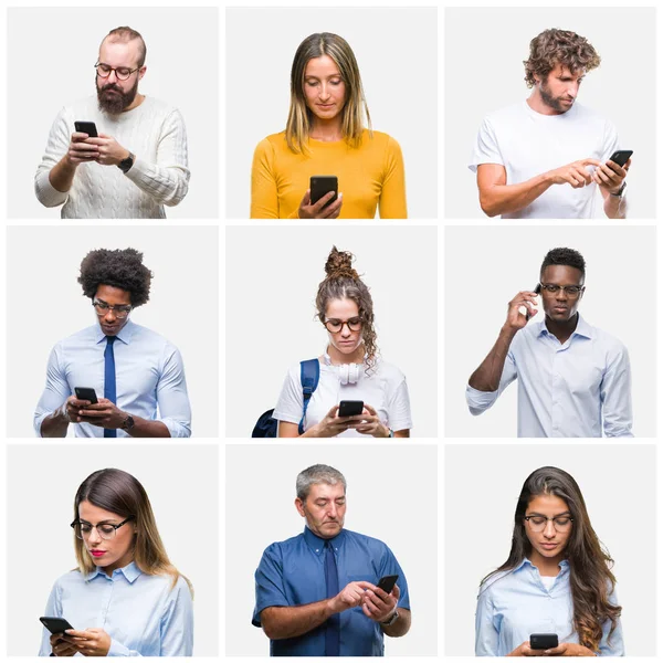 Collage Grupo Personas Que Utilizan Teléfono Inteligente Sobre Fondo Aislado —  Fotos de Stock