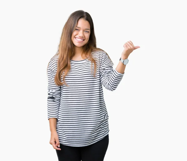 Young Beautiful Brunette Woman Wearing Stripes Sweater Isolated Background Smiling — Stock Photo, Image