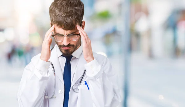 Young Doctor Man Wearing Hospital Coat Isolated Background Hand Head — Stock Photo, Image