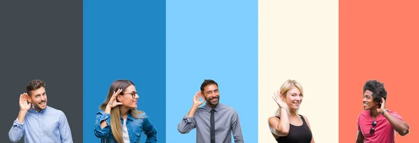 Collage Gruppo Giovani Colorato Sfondo Vintage Isolato Sorridente Con Mano — Foto Stock