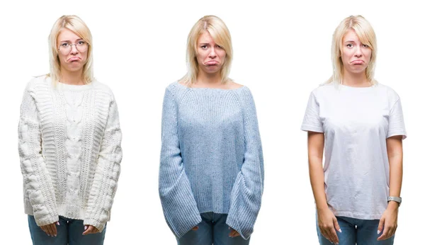 Collage Vacker Blond Kvinna Bär Vinter Tröja Över Isolerade Bakgrund — Stockfoto