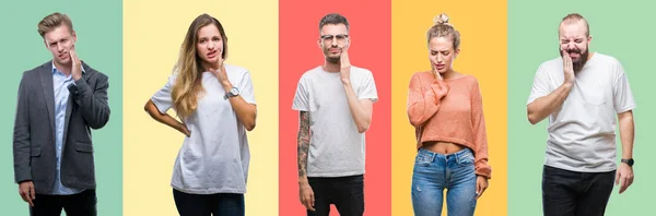 Collage Von Gruppenmenschen Frauen Und Männern Vor Buntem Isoliertem Hintergrund — Stockfoto