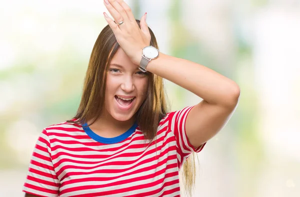 Jonge Kaukasische Mooie Vrouw Geïsoleerde Achtergrond Verrast Met Hand Het — Stockfoto