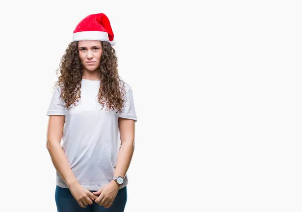 얼굴에 심각한 표정으로 크리스마스 모자를 스러운 카메라를 — 스톡 사진