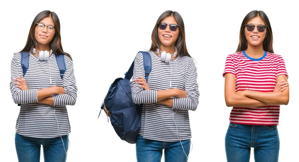 Collage Einer Jungen Studentin Mit Kopfhörern Und Rucksack Vor Weißem — Stockfoto